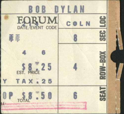 Bob Dylan/The Band Inglewood Forum 1974 Ticket, Courtesy of Kenneth Kubernik